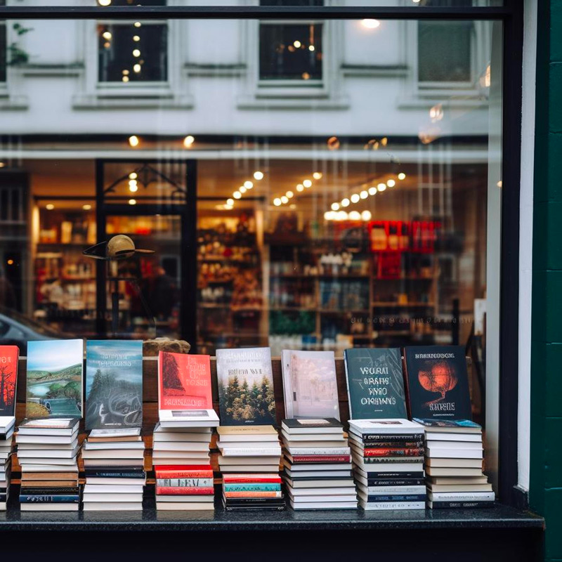copertine di libri in mostra in una libreria di Londra formato quadrato